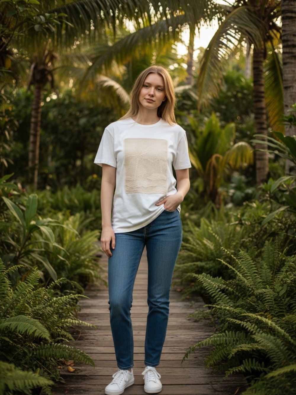 SHEIN White Short Sleeve Tee with Beige Panel Graphic